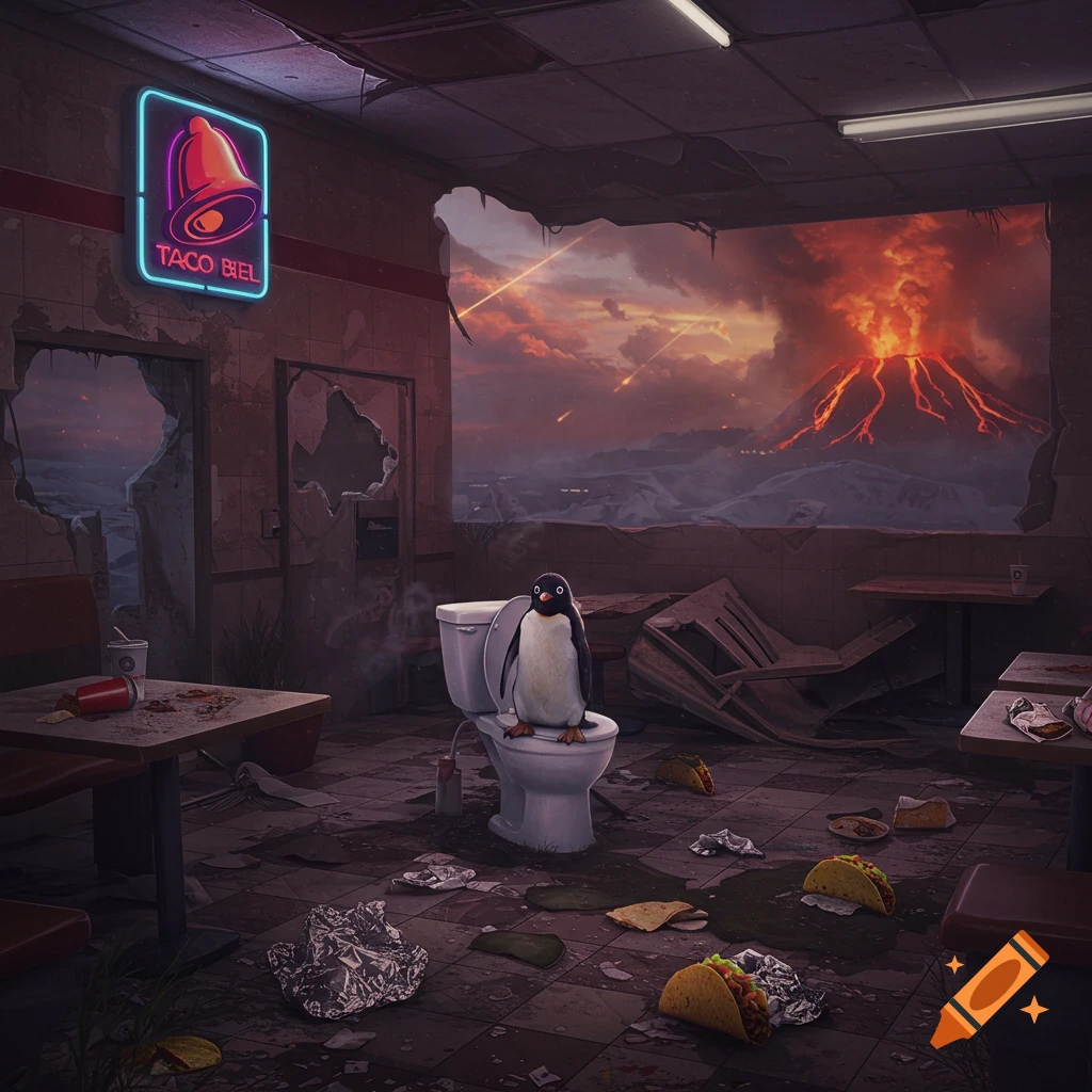 A penguin sits on a toilet in a destroyed Taco Bell restaurant, surrounded by debris and tacos, with a fiery volcanic eruption and meteors in the background.