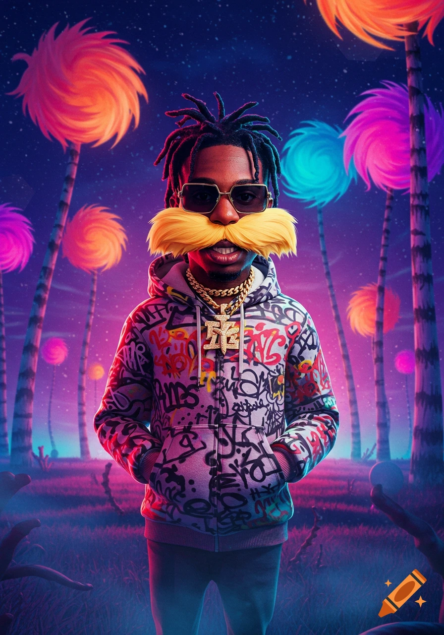 A man with dreadlocks, sunglasses, and a large yellow mustache, wearing a graffiti-covered hoodie and a gold chain, stands in a vibrant, otherworldly landscape with colorful, fluffy trees.