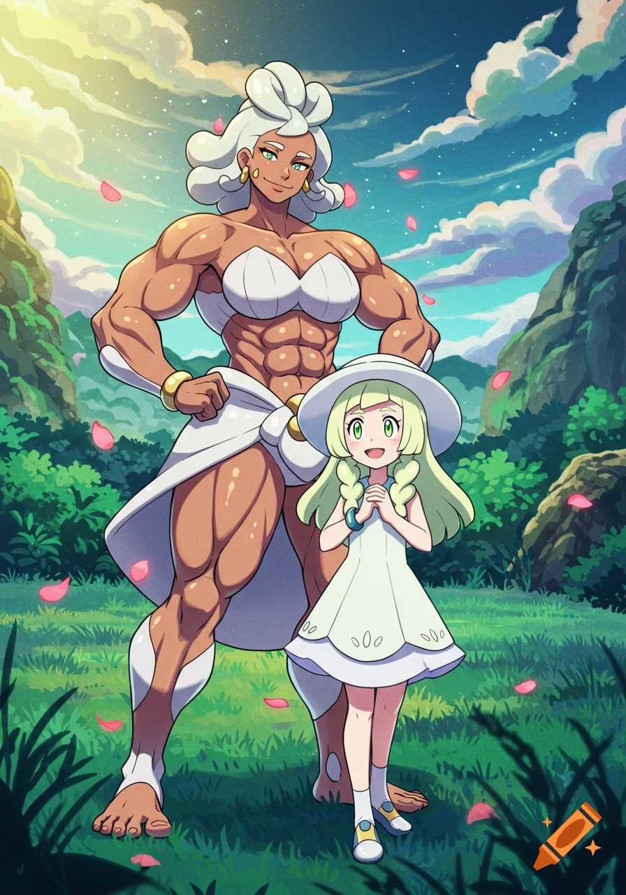 Muscular anime woman with white hair flexing next to a smiling young girl in a sunny, grassy landscape with mountains.