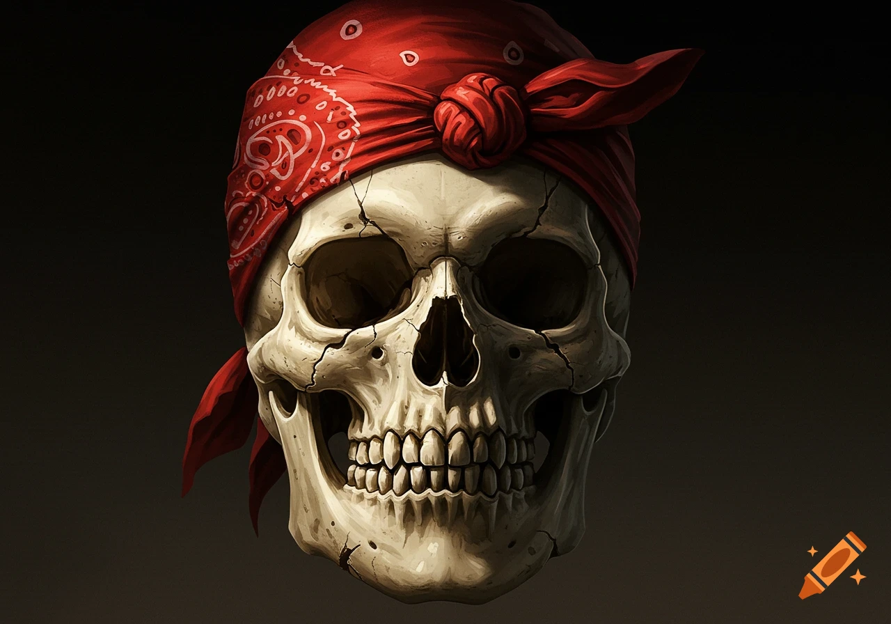 A stylized cracked skull wearing a red paisley bandana with a knot.