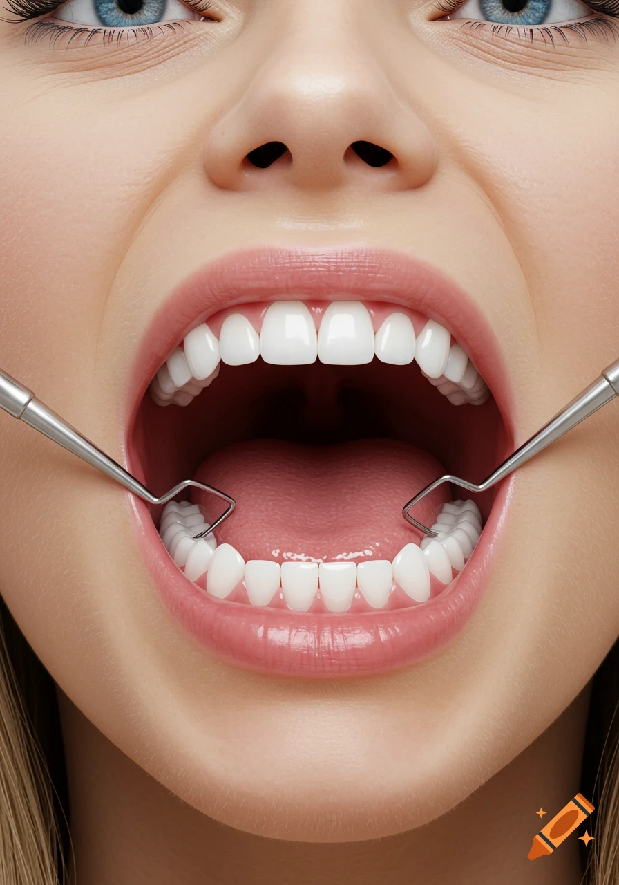 Close-up of a person's mouth with dental tools during a dental examination, showing perfect white teeth and pink gums.