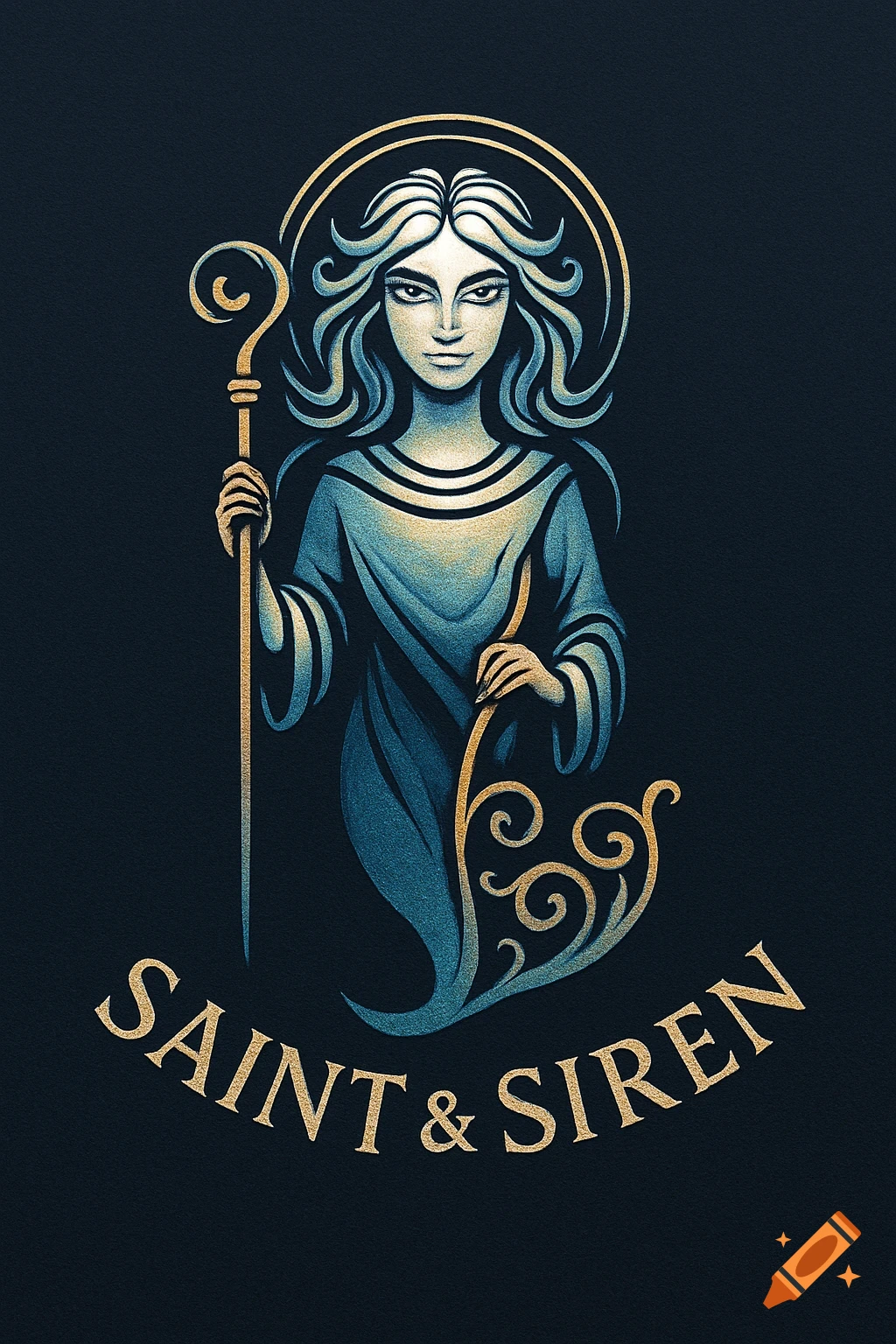 A stylized blue and gold logo featuring a woman with a halo and staff, with the words 'SAINT & SIREN' below.
