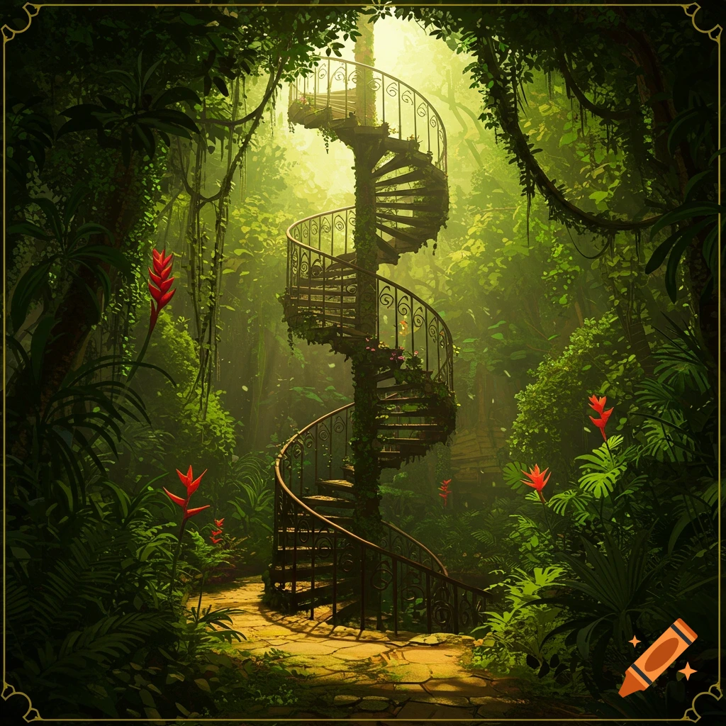 A winding metal spiral staircase ascends through a lush, verdant tropical jungle, bathed in bright sunlight, with a stone path below.
