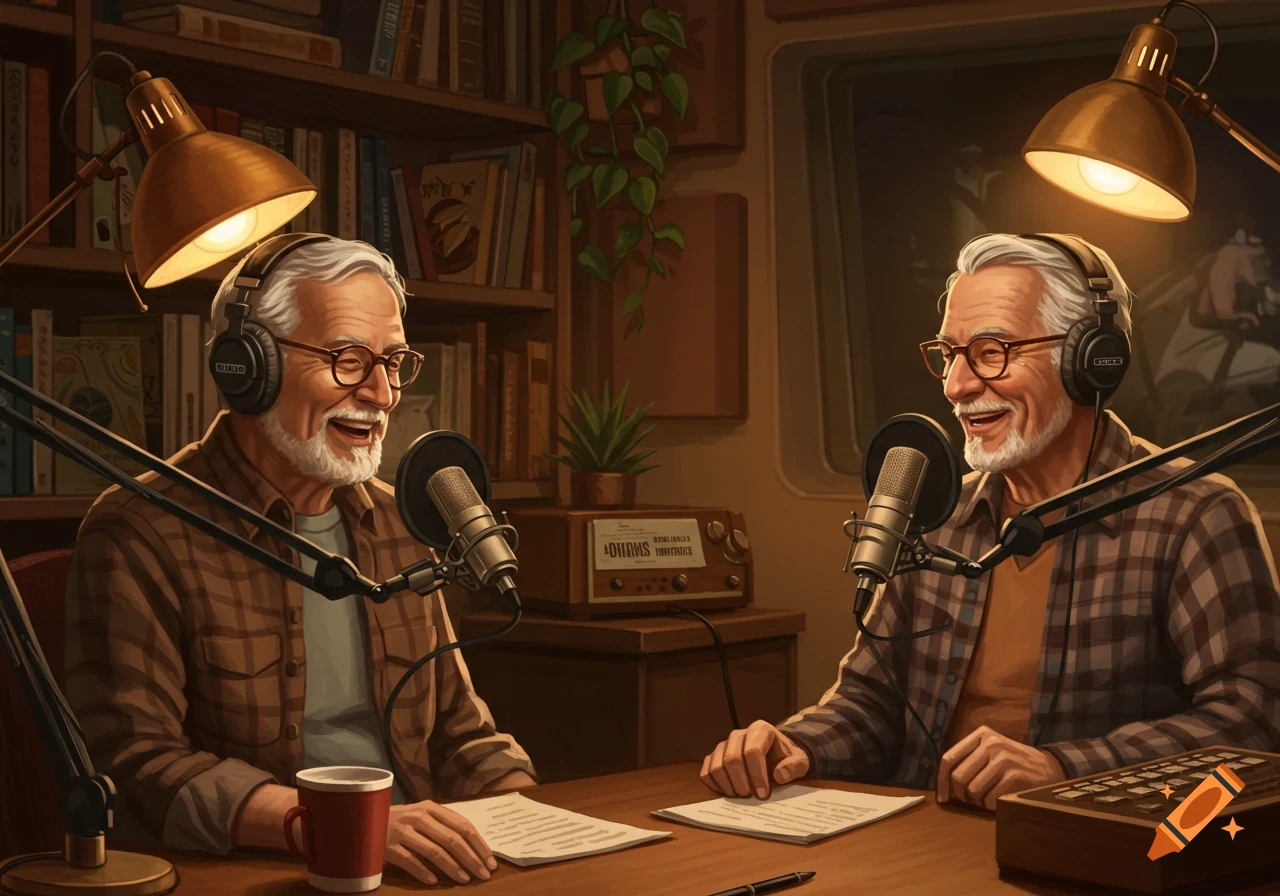 Two smiling senior men with headphones and microphones host a podcast in a studio with bookshelves and desk lamps.