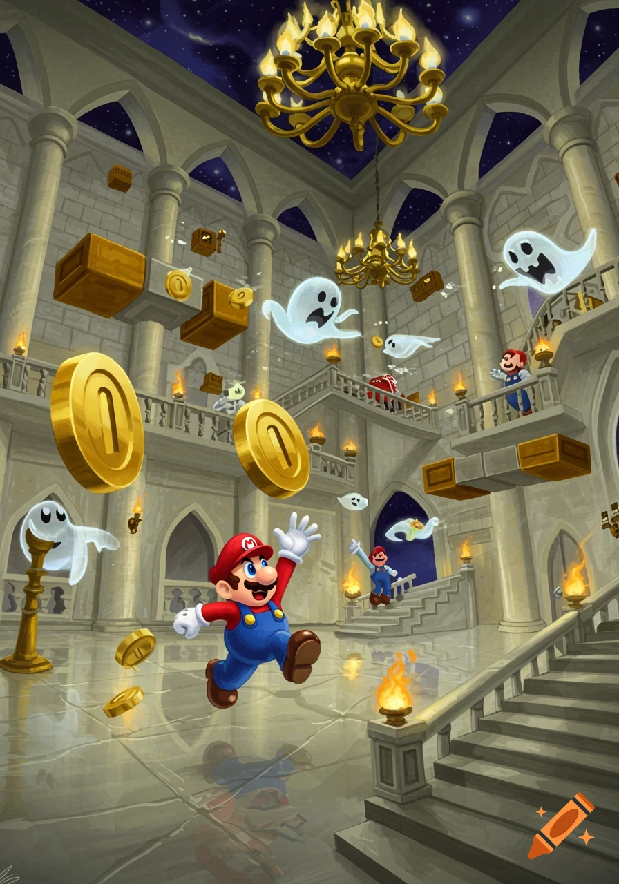 Mario runs through a chaotic castle hall filled with flying golden coins, question blocks, and ghostly Boo characters, in a vibrant, stylized art style.