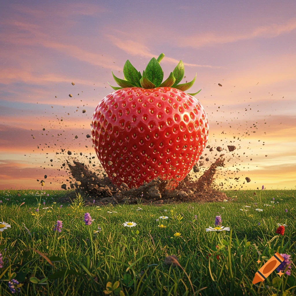 A giant, realistic strawberry crashes into a grassy field at sunset, sending dirt flying.