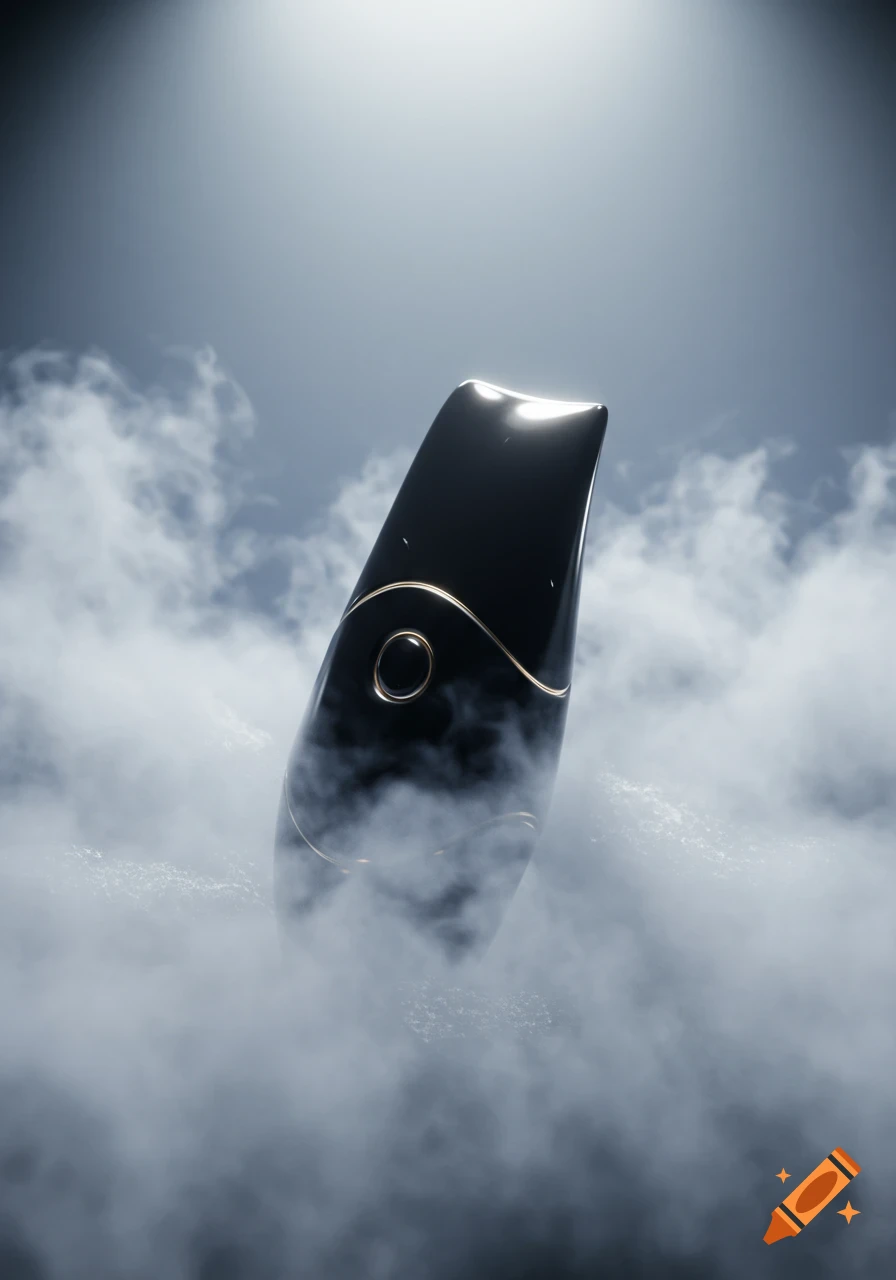 A sleek black futuristic object with gold trim and a circular button, surrounded by white smoke.