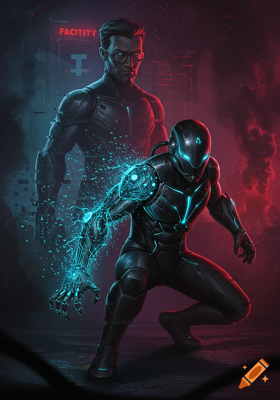 A futuristic armored hero in a crouched pose with a glowing blue nanotech arm, and a fragmented, glitching figure of his father in the background. Digital art style.
