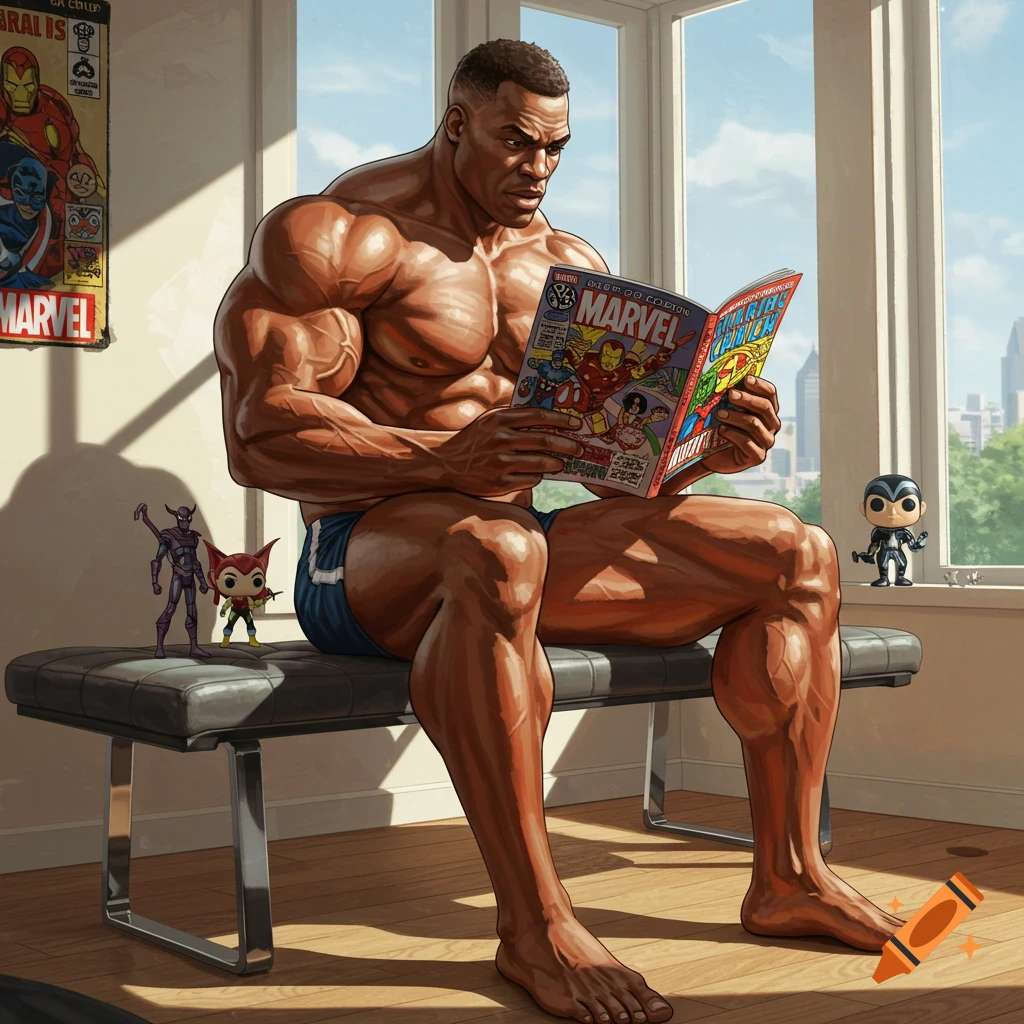 A muscular bodybuilder in blue shorts sits on a bench, intently reading a Marvel comic book in a bright room.