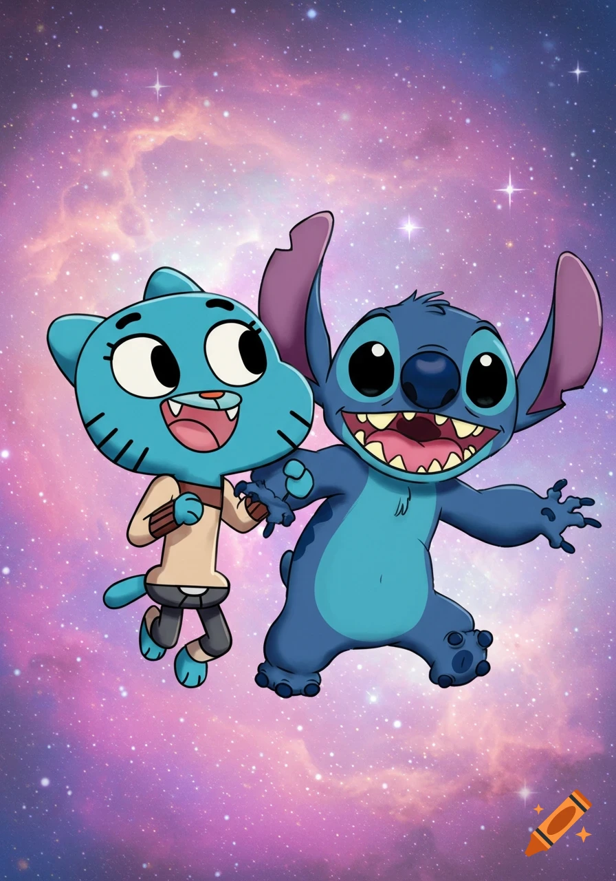 Cartoon characters Gumball and Stitch happily hold hands in front of a colorful galaxy background.
