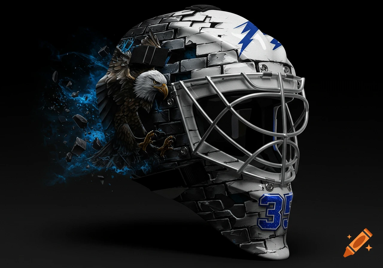 A hockey goalie mask featuring a cracked brick design, a bald eagle breaking through on one side, and the number 35 in sparkly blue on the chin.