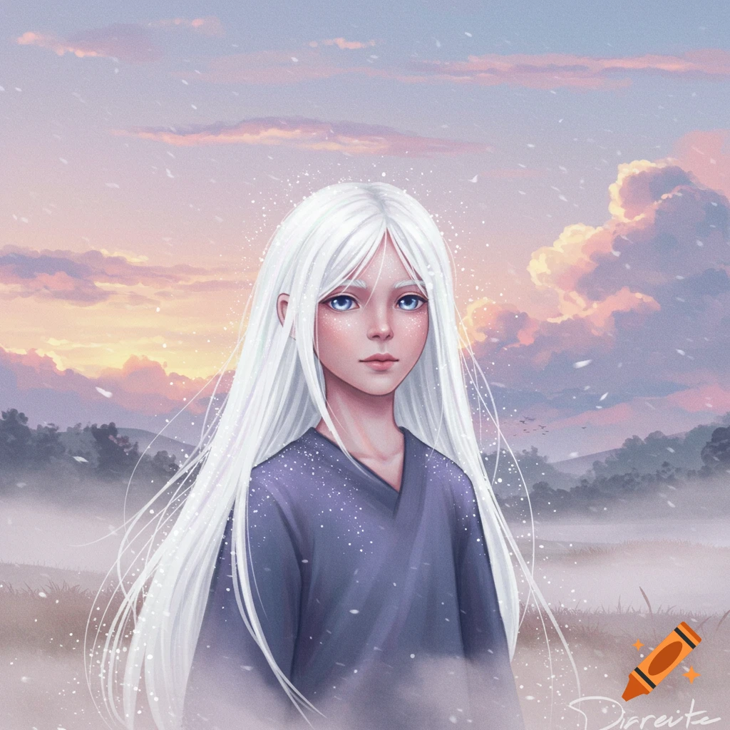 A stylized digital art portrait of a person with long white hair and blue eyes, standing in a misty, snowy landscape at sunset.