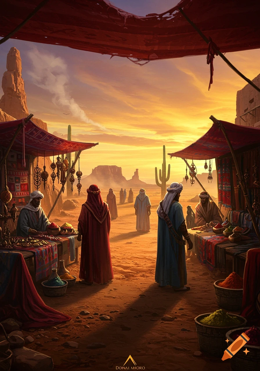 Desert market scene at sunset with robed figures, stalls, and cacti under an orange sky.