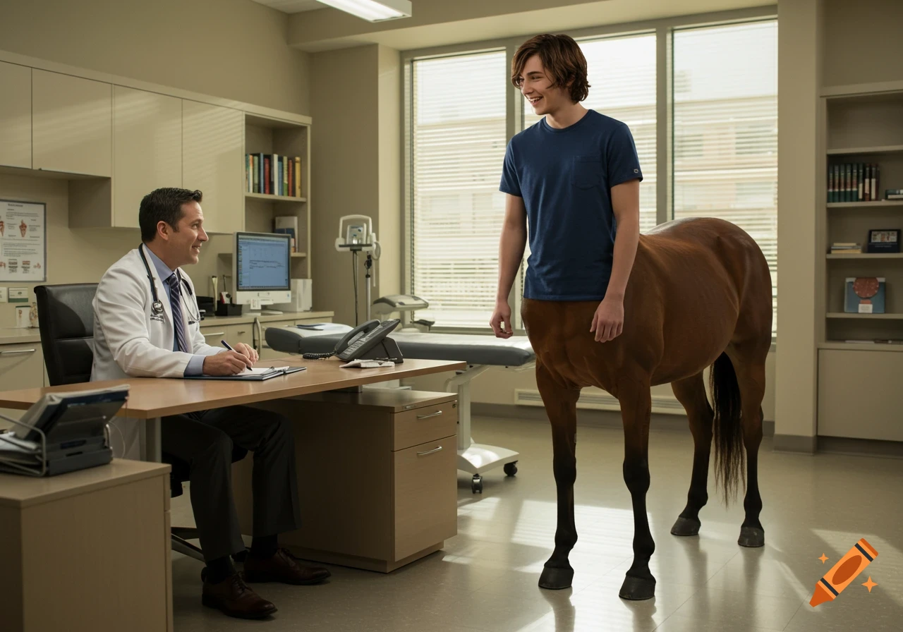 A male doctor converses with a male centaur in a photorealistic doctor's office.