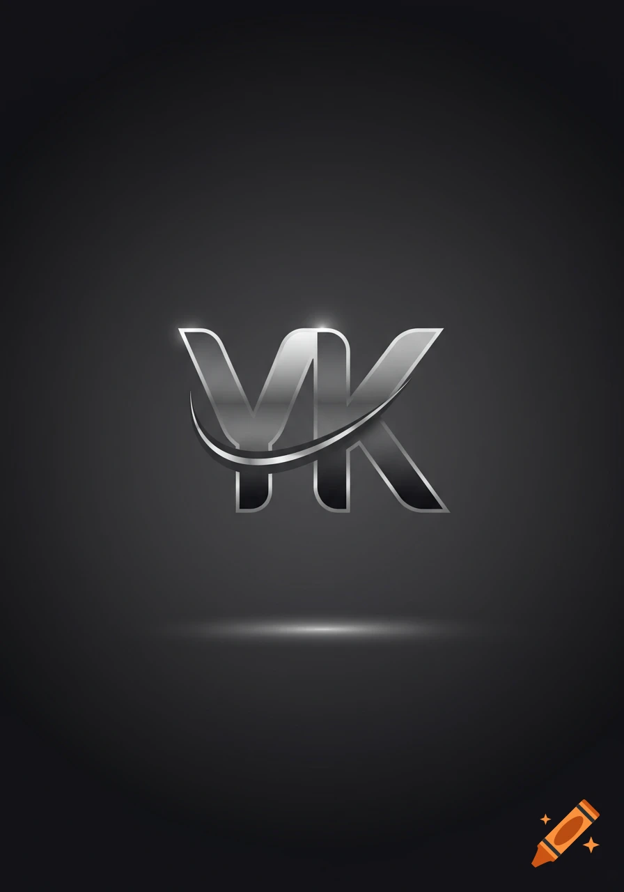 Metallic silver 3D initials 'YK' with a curved swipe on a dark gradient background, glowing underneath.