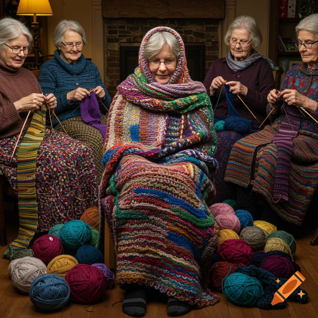 Elderly women knitting indoors, one is completely wrapped in colorful knitted scarves, surrounded by balls of yarn.