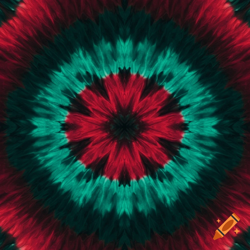 A radial tie-dye pattern in shades of red, teal, and black, resembling a flower or mandala.