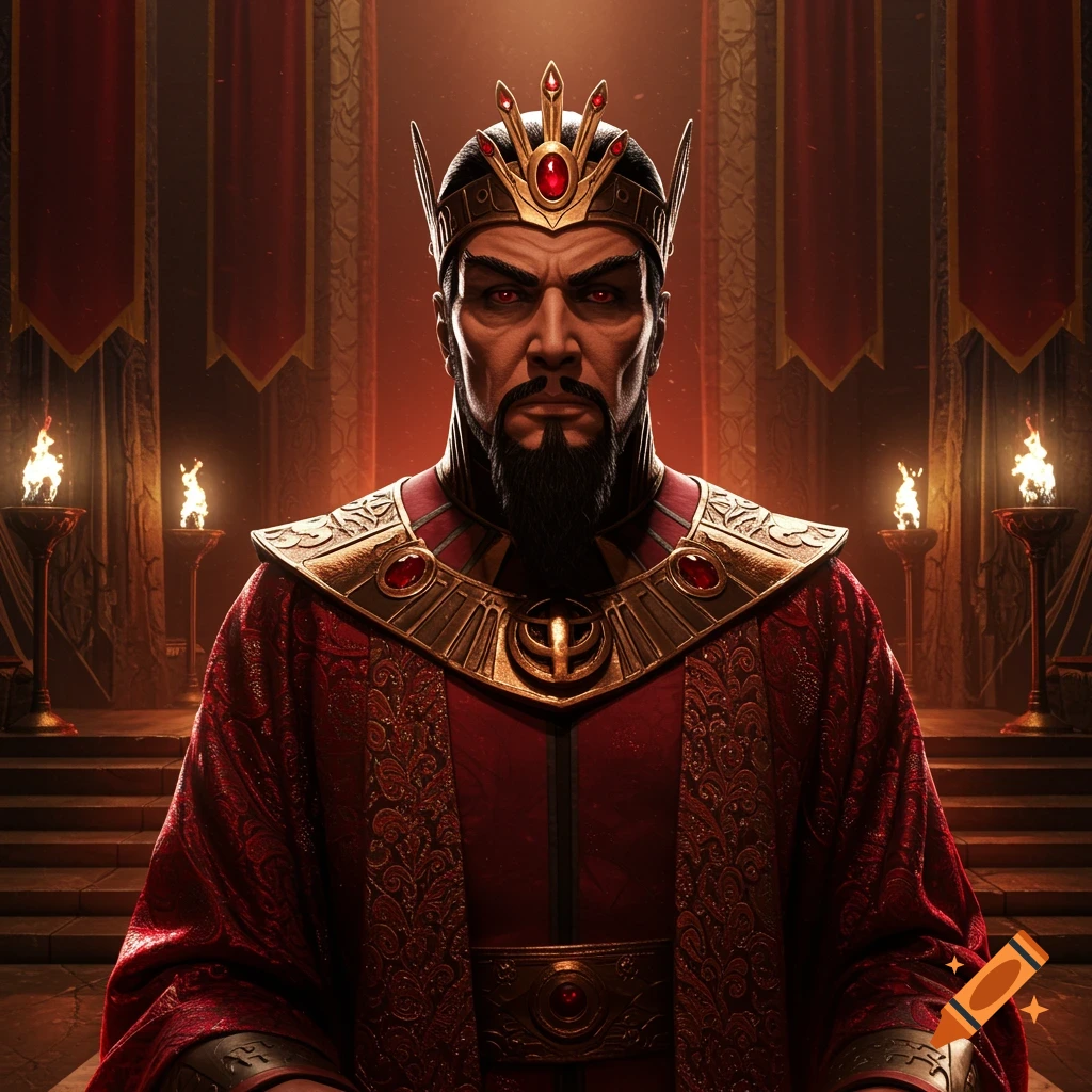 A dark emperor with a crown, red robes, and glowing red eyes stands in a torch-lit hall.