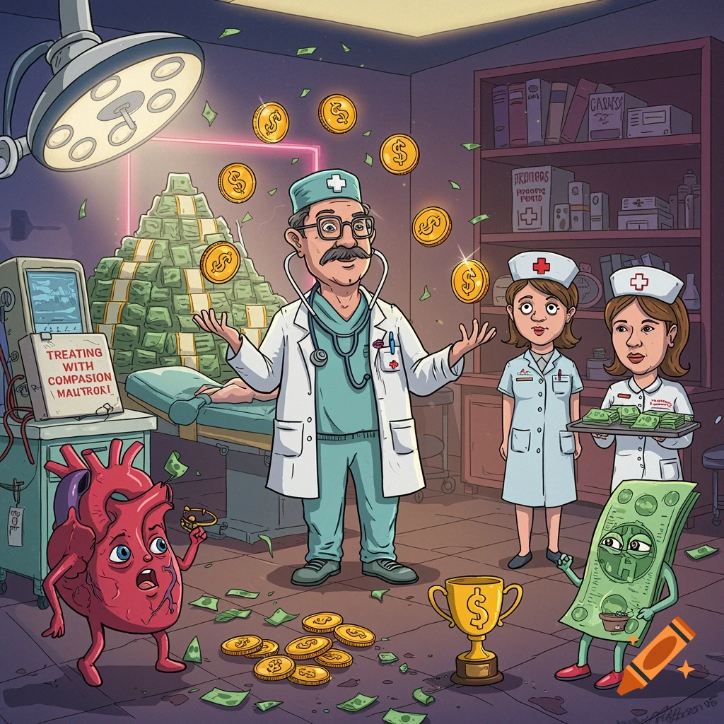 Cartoon scene of a doctor juggling coins amidst piles of money in an operating room, with nurses and anthropomorphic money and heart characters.