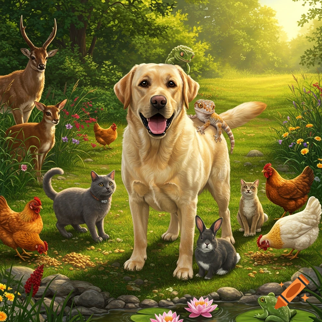 A large, happy yellow labrador dog with a gecko on its back, surrounded by deer, cats, chickens, rabbits, and a frog in a sunny clearing.