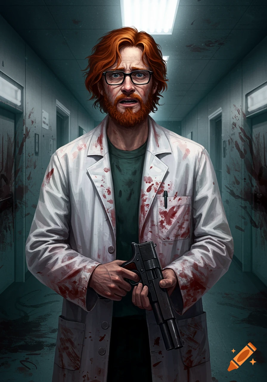 A frightened, red-haired male scientist in a blood-splattered lab coat holds a gun in a dimly lit, bloodstained hallway.
