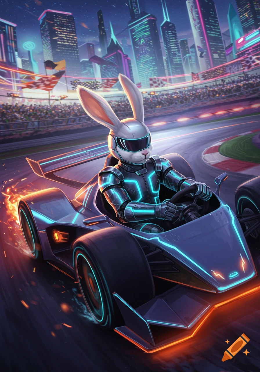 An anthropomorphic bunny in a racing suit drives a futuristic racecar on a track with a neon-lit city in the background.