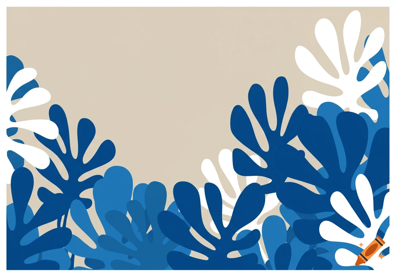 Abstract illustration of blue and white stylized leaves on a beige background.