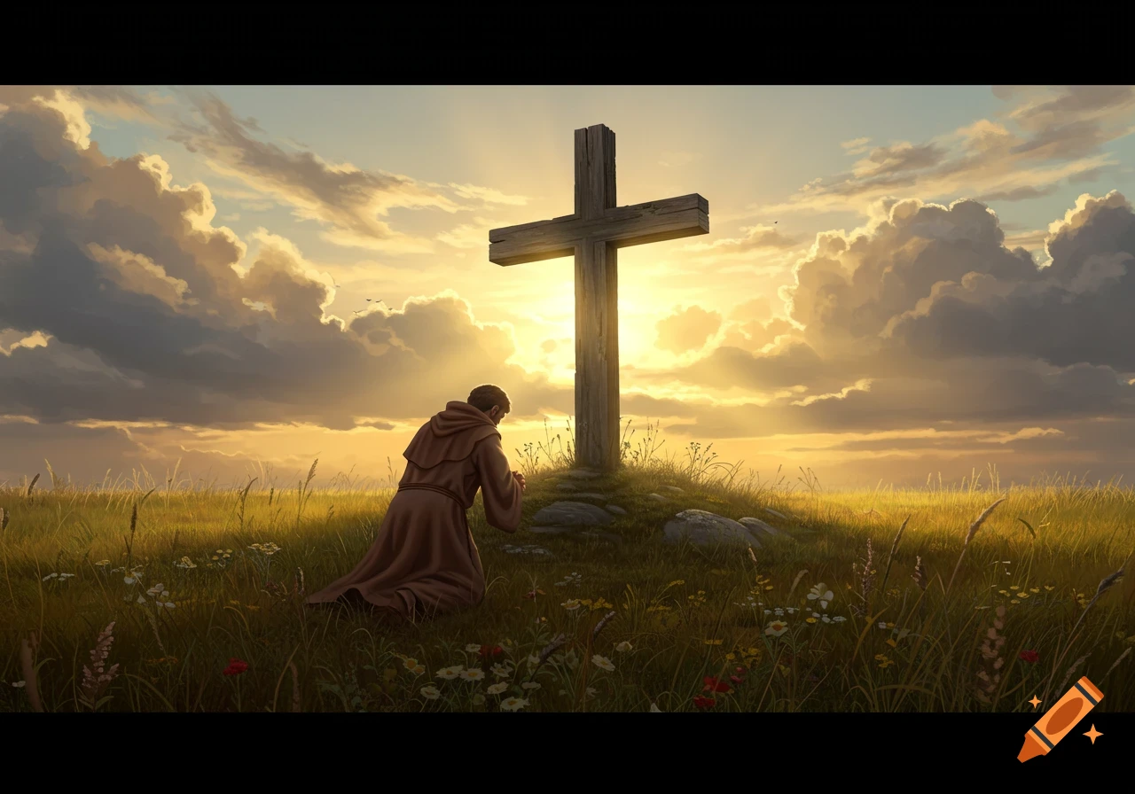 A person in robes kneels before a large wooden cross on a grassy hill at sunset, with a golden sky and clouds.