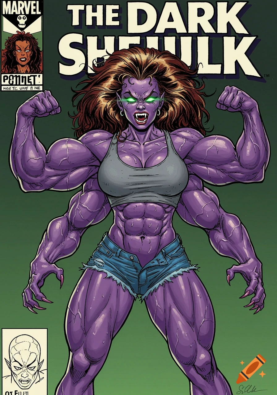 A comic book cover of a purple-skinned, four-armed female bodybuilder with fangs and glowing green eyes, flexing her muscles in a gray sports bra and ripped jean shorts. The title reads "THE DARK SHE-HULK."