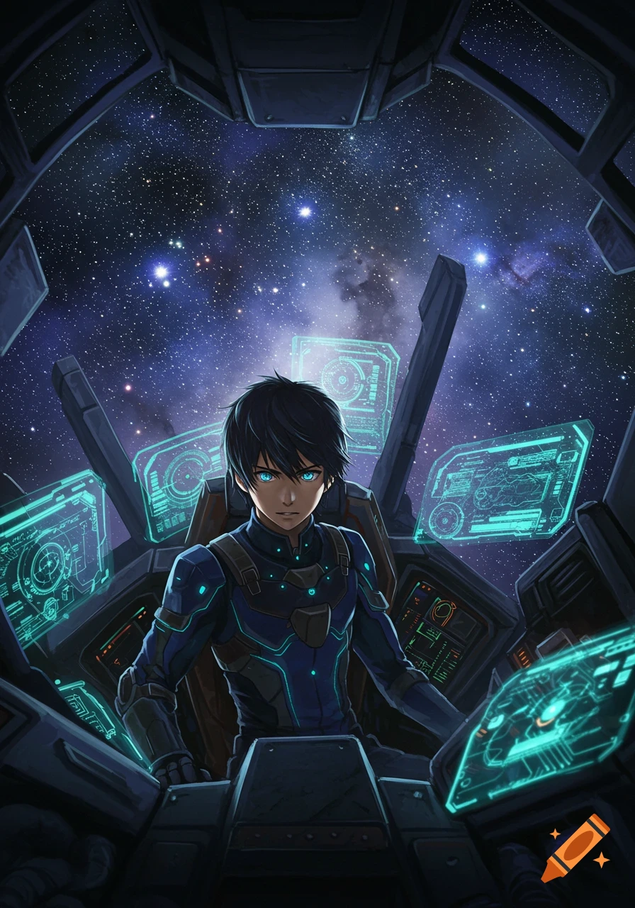 An anime character with black hair and glowing blue eyes sits in a spaceship cockpit, looking at a starry cosmic sky.