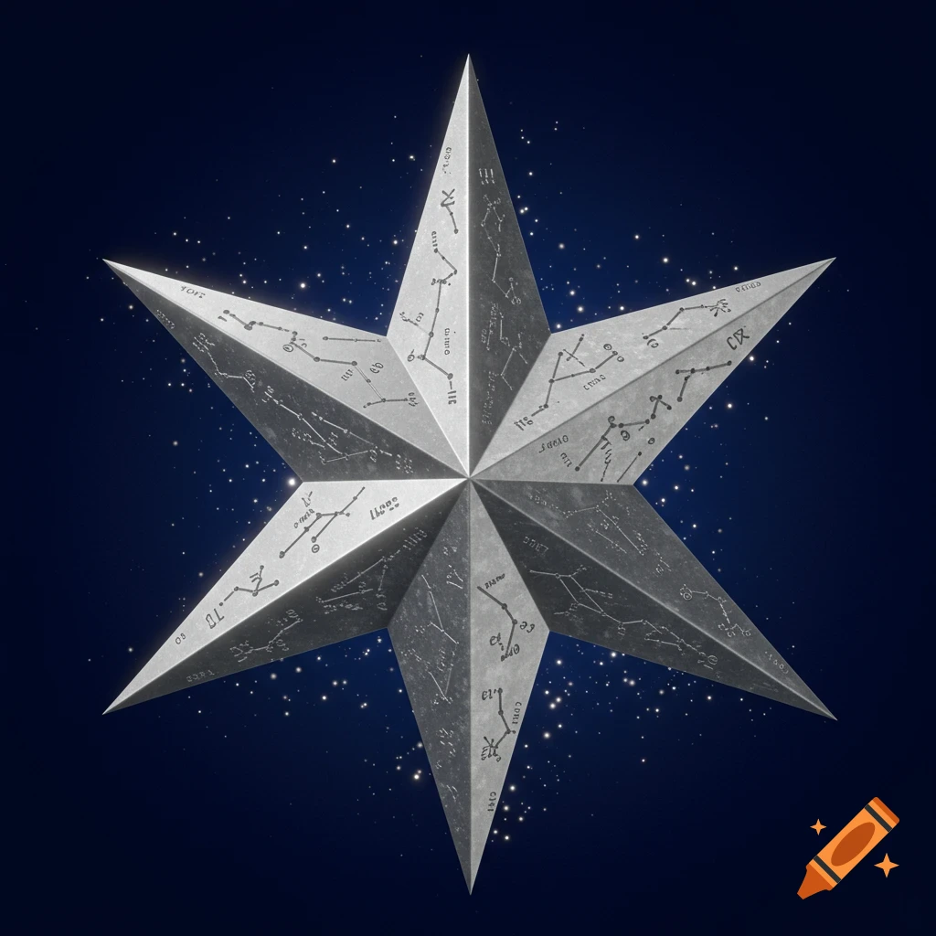 A metallic seven-pointed star with etched patterns resembling constellations, set against a dark blue starry background.
