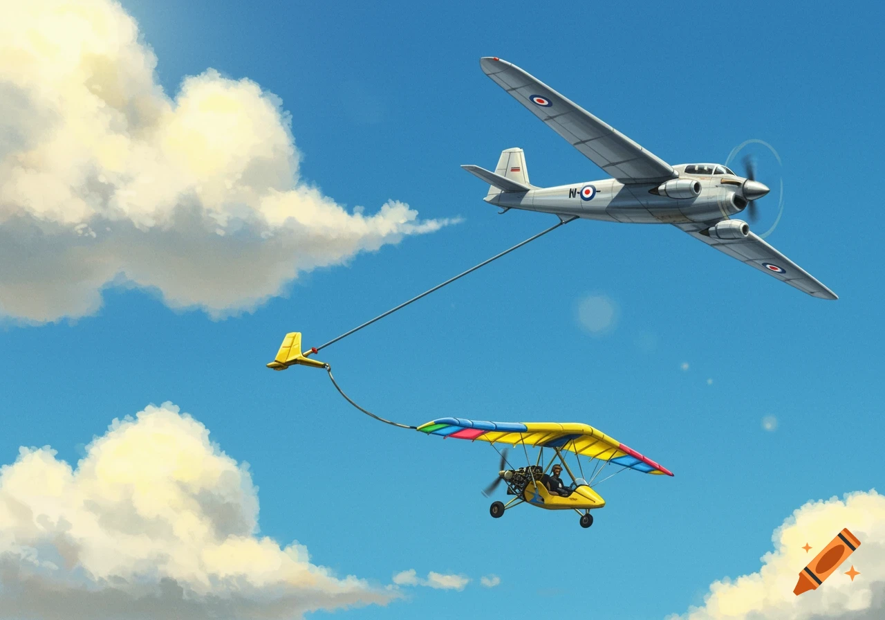 A silver aircraft tows a yellow and colorful microlight with a rope against a blue sky with white clouds.