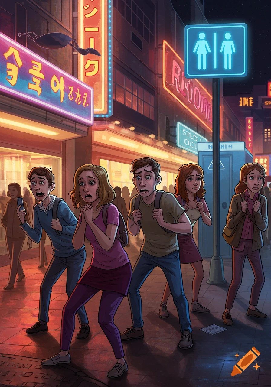A group of cartoon people with worried expressions on a bustling city street at night, illuminated by neon signs.