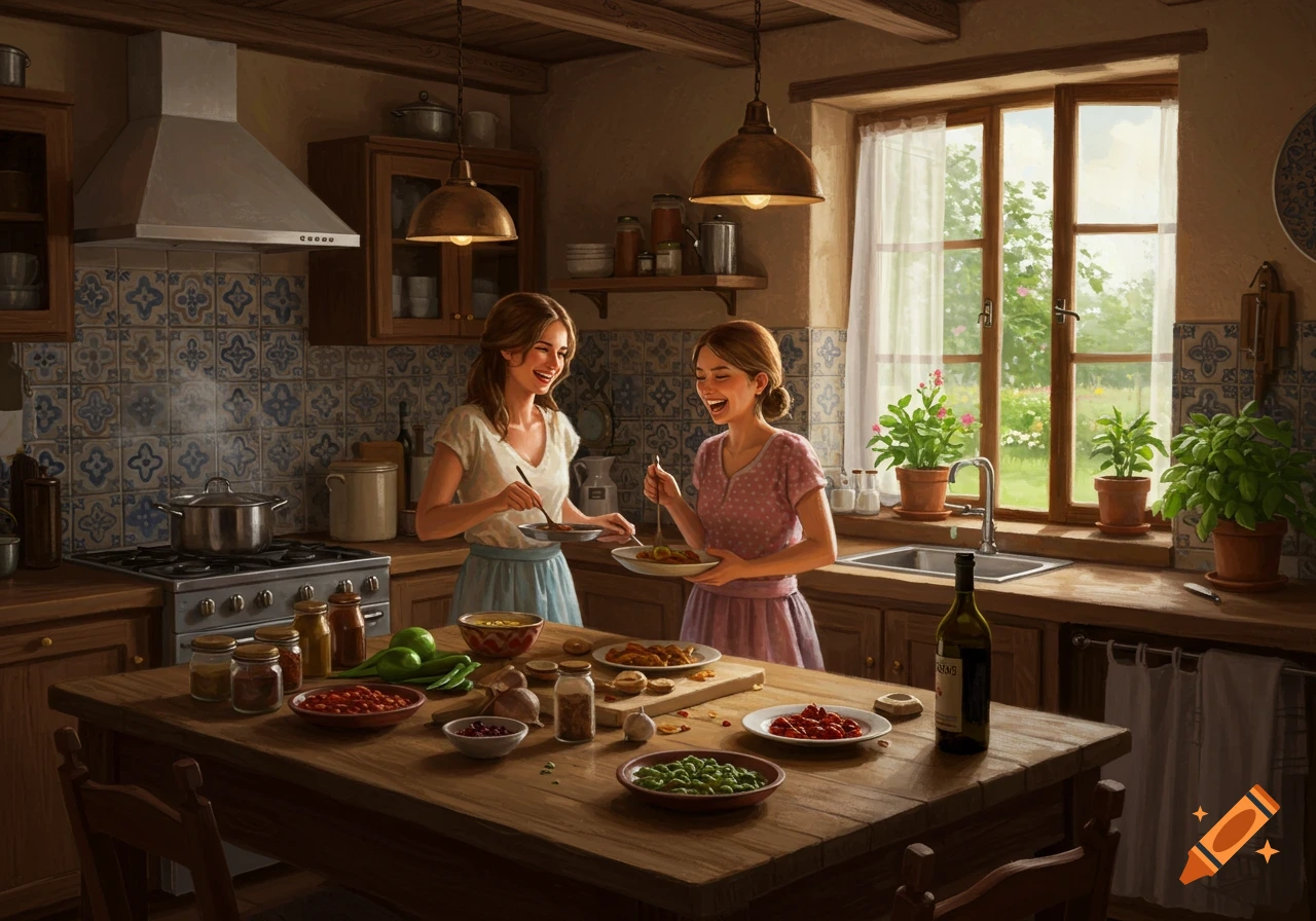 Two smiling women prepare food on a rustic wooden table in a sunlit kitchen, filled with traditional decor and cooking ingredients.