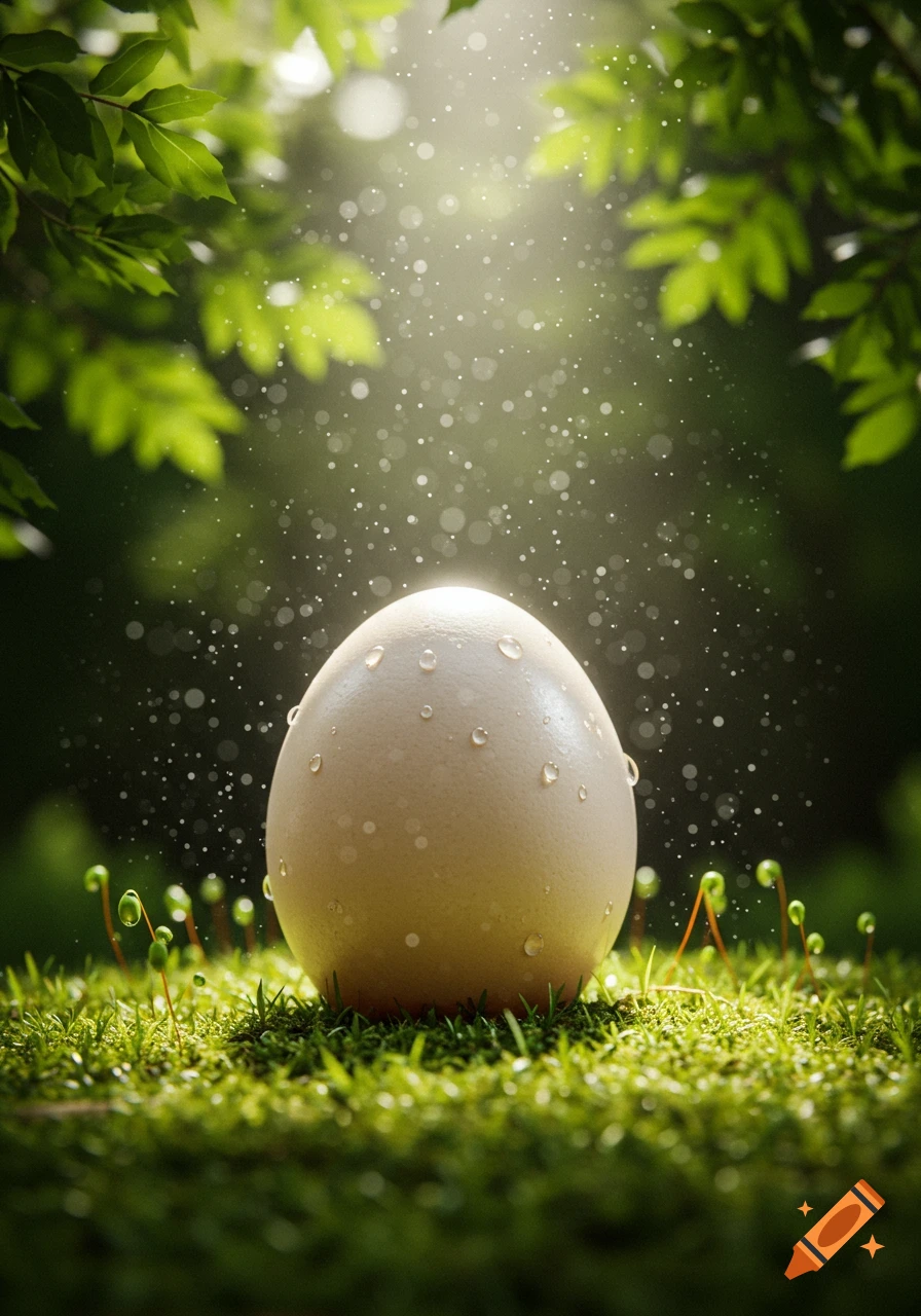 A photorealistic white egg with water droplets sits on lush green moss under dappled sunlight and blurred leaves.