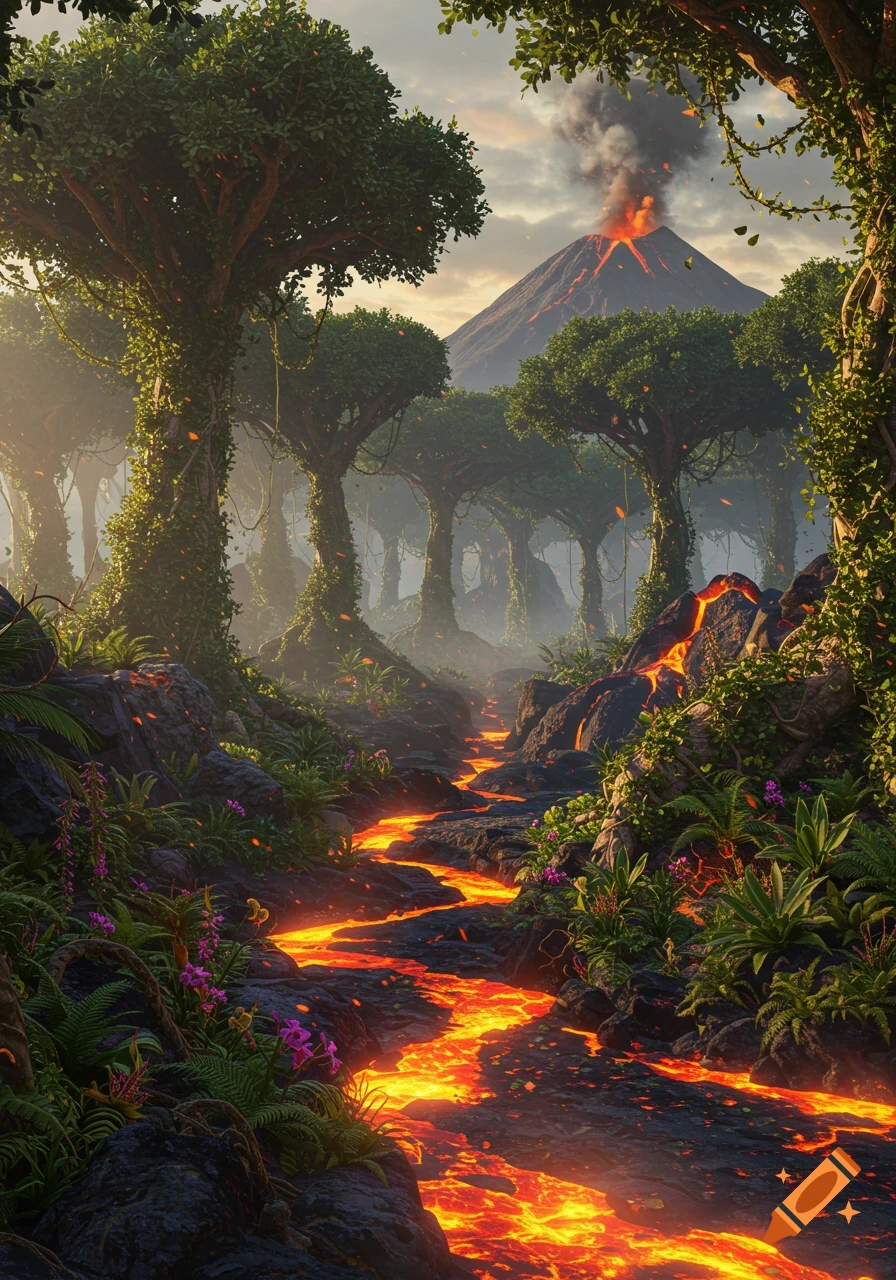 A vibrant 3D render of a lush green jungle with a winding lava river, an erupting volcano in the background.