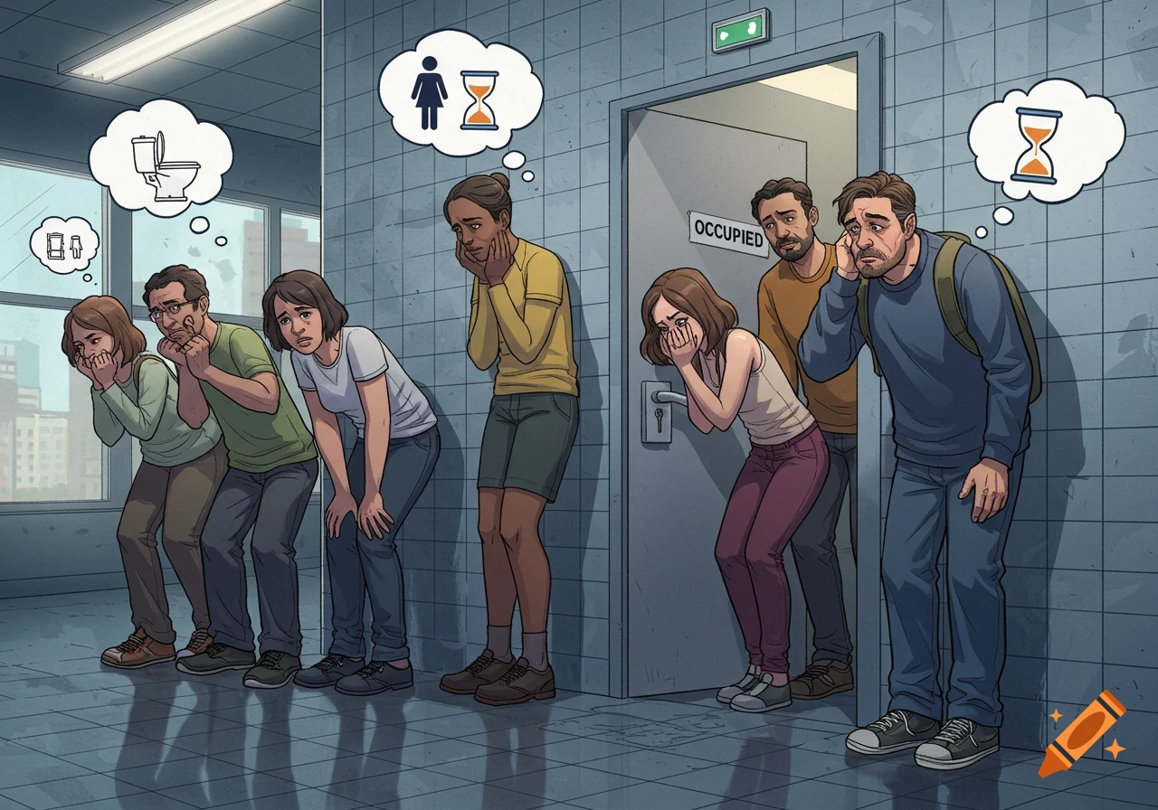 Cartoon illustration of multiple people anxiously waiting in a line outside an occupied public restroom, with thought bubbles above their heads.