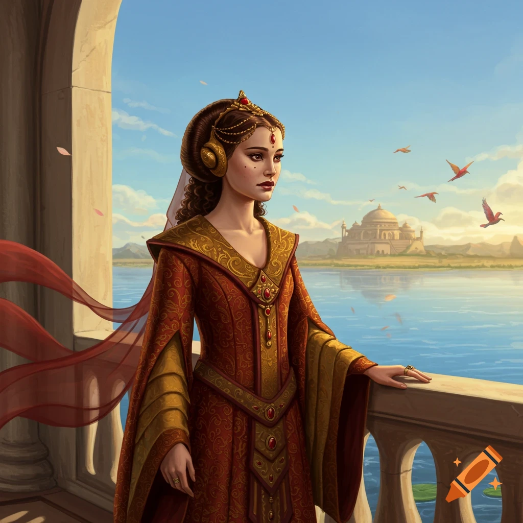 A regal woman in a red and gold gown stands on a balcony, looking over water towards a domed building under a blue sky.