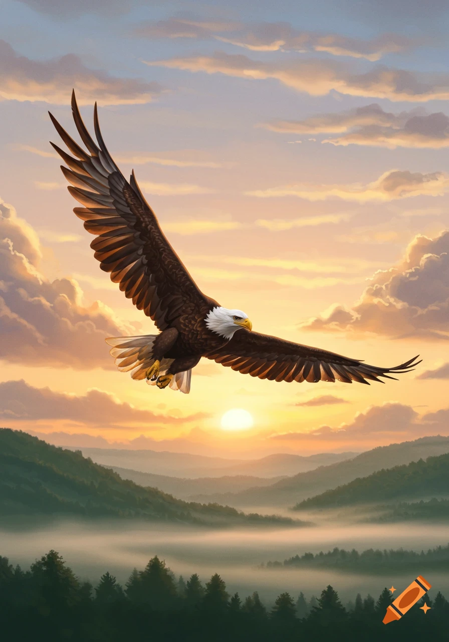 A majestic bald eagle soars with outstretched wings above a misty mountain landscape during a vibrant sunset or sunrise.