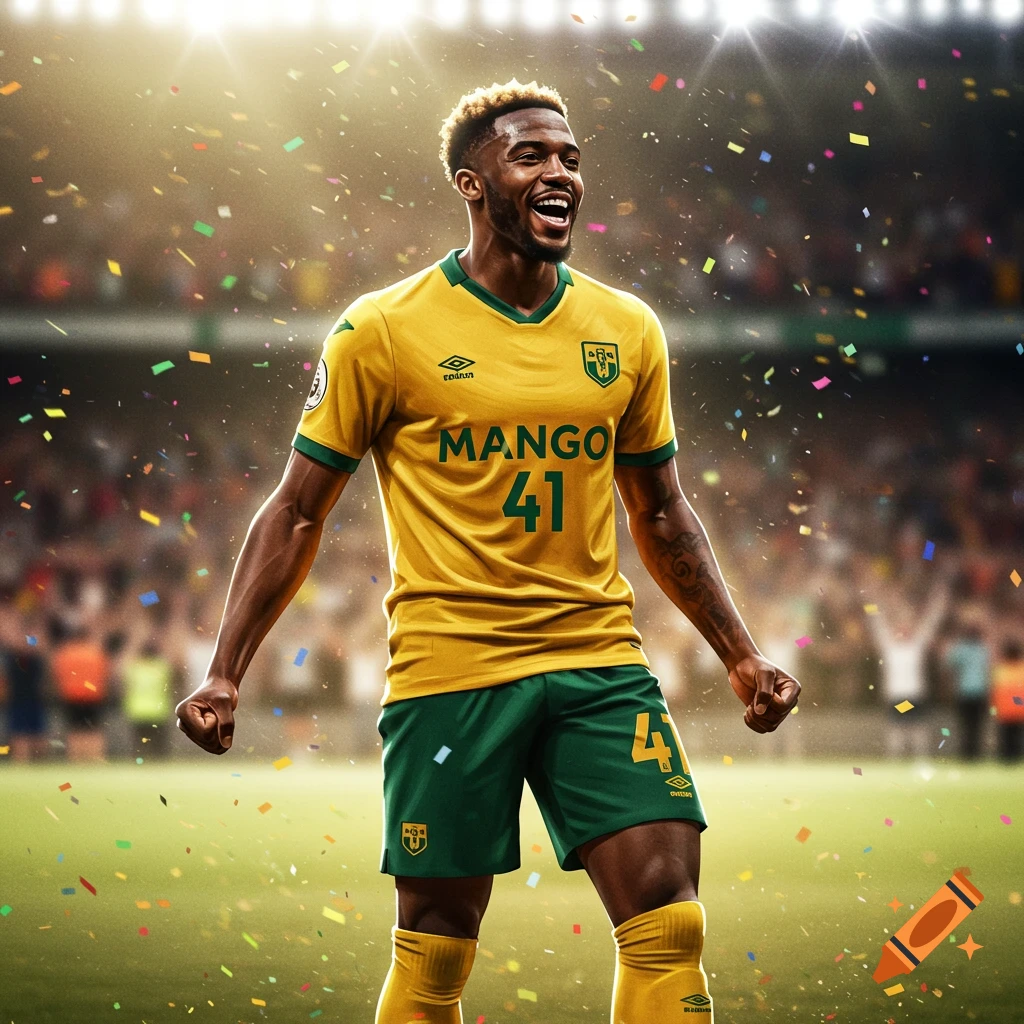 A smiling male soccer player in a yellow and green uniform with "MANGO 41" celebrates on a stadium field with confetti falling, photorealistic.