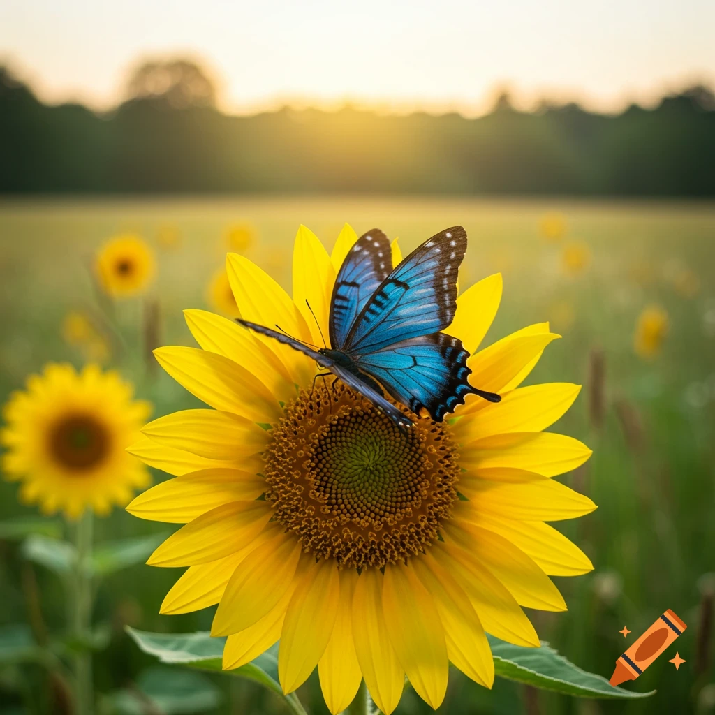 A vibrant blue butterfly rests on a large yellow sunflower in a sunlit field at sunset.