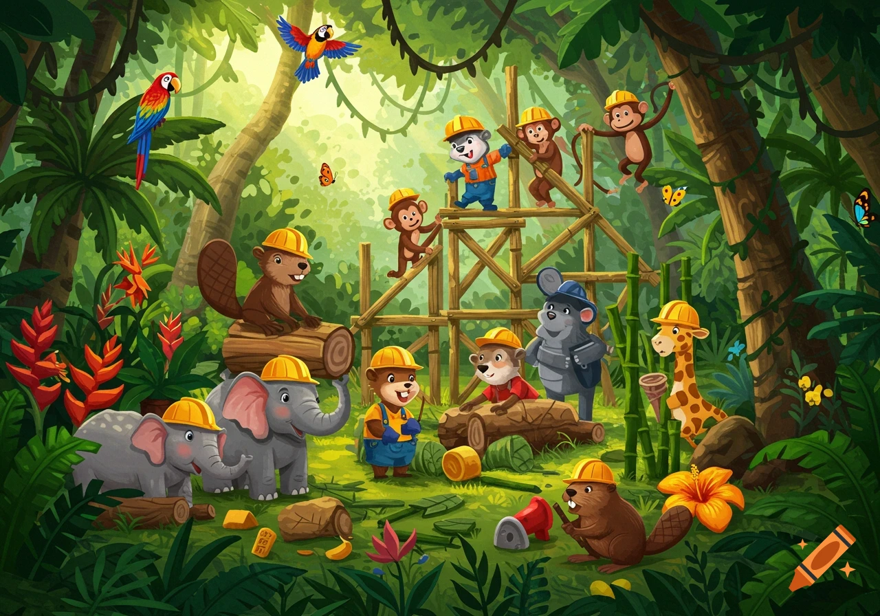 Cartoon animals in hard hats building a wooden structure in a vibrant jungle setting.