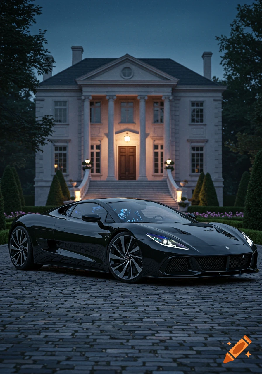 A sleek black luxury sports car parked on a cobblestone driveway in front of a grand, illuminated mansion at dusk.