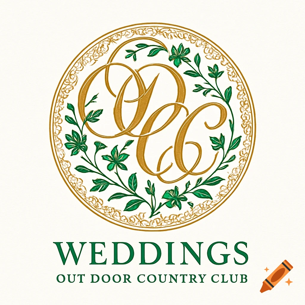 A circular gold and green logo for 'Weddings Out Door Country Club' with an 'ODCC' monogram at its center, surrounded by botanical designs.