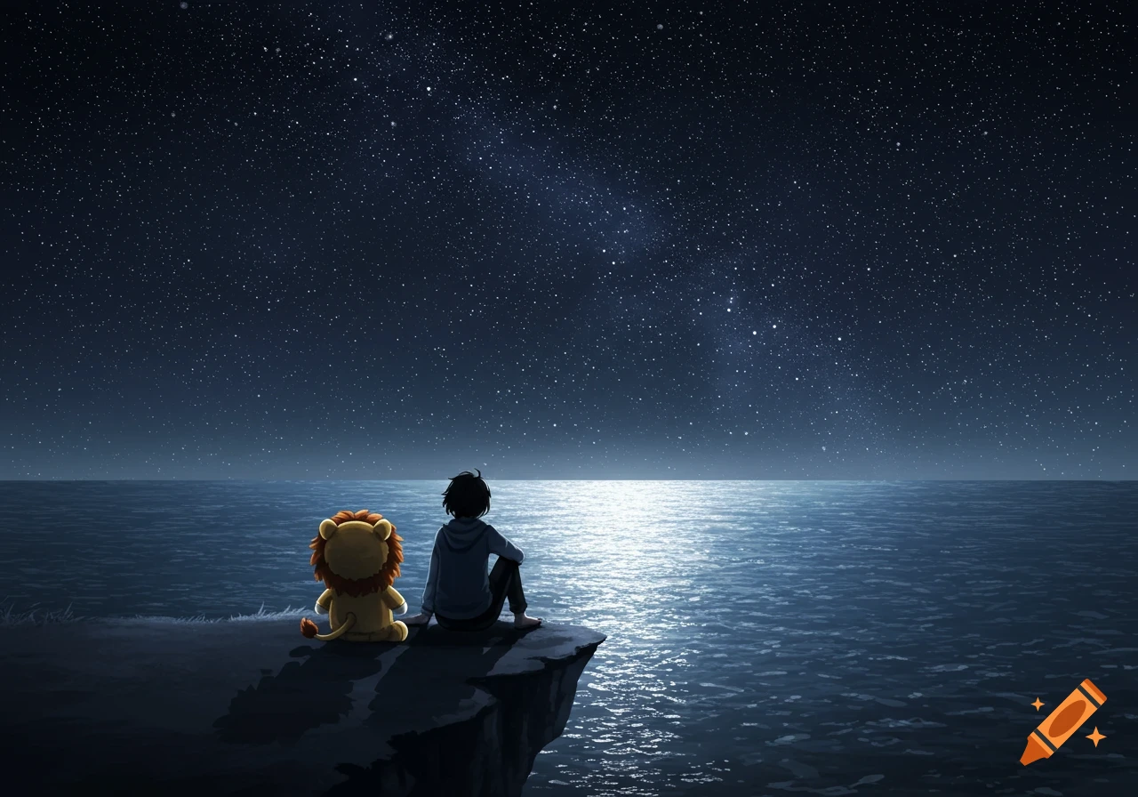 An anime person and a plush lion sit on a cliff, gazing at a starry ocean at night with moonlight reflecting on the water.