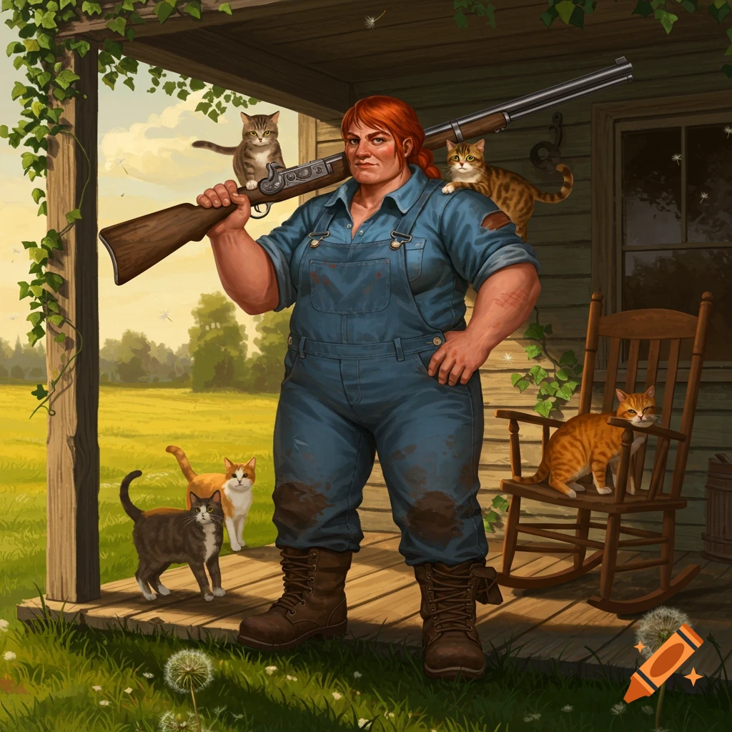 A strong woman in blue overalls holds a rifle on her shoulder on a porch. Several cats are around her, one on her shoulder, another on the rifle, one on a rocking chair, and two on the porch. A field is in the background.