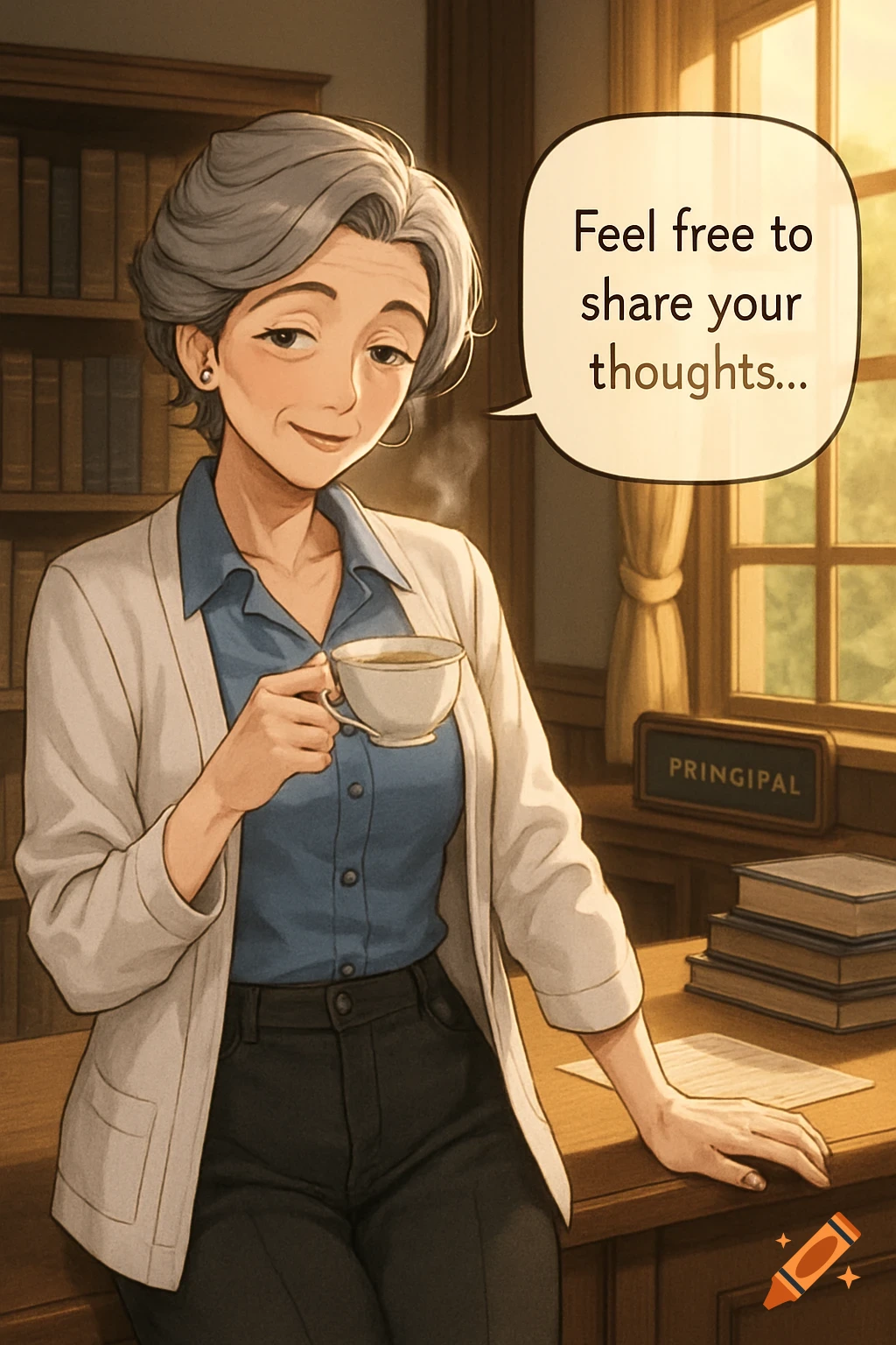 An anime-style woman with gray hair and a kind smile, wearing a white cardigan and blue shirt, sips tea in an office with a speech bubble saying 'Feel free to share your thoughts...'.
