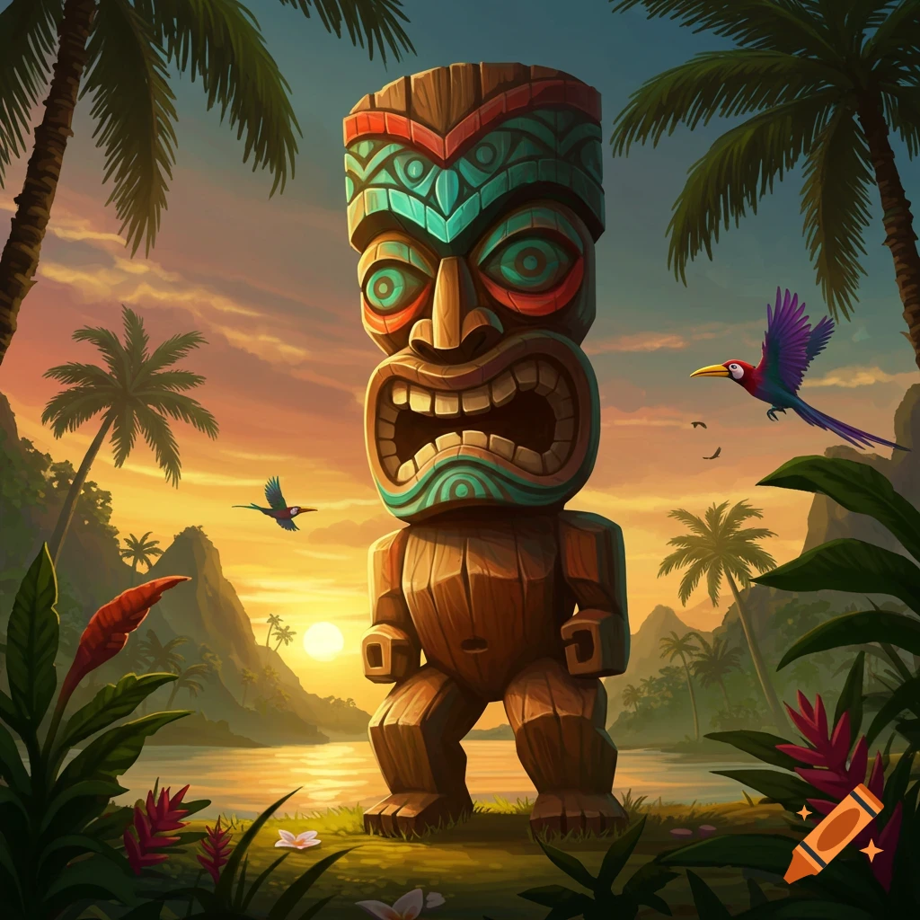 A large, colorful tiki statue with an open mouth stands in a vibrant tropical landscape at sunset, with palm trees, mountains, water, and exotic birds.