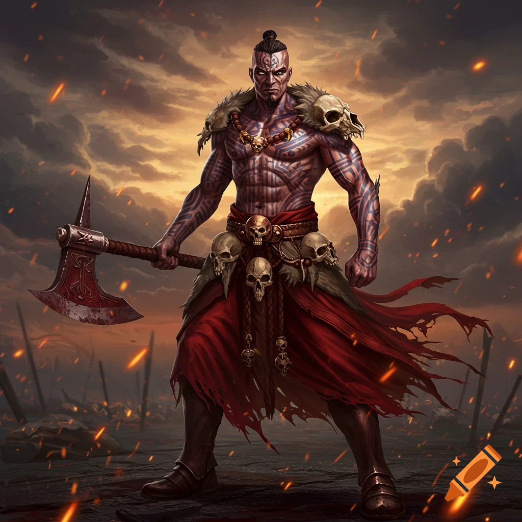 A muscular, heavily tattooed warrior with a mohawk, holding a large axe, stands in a fiery, apocalyptic landscape.