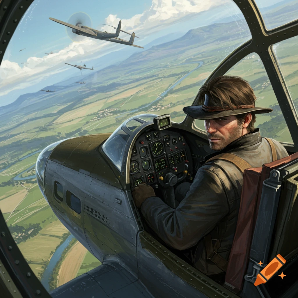 A rugged man in a hat pilots a vintage bomber plane over a green landscape with other aircraft in the sky.
